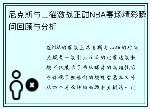 尼克斯与山猫激战正酣NBA赛场精彩瞬间回顾与分析