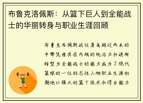 布鲁克洛佩斯：从篮下巨人到全能战士的华丽转身与职业生涯回顾